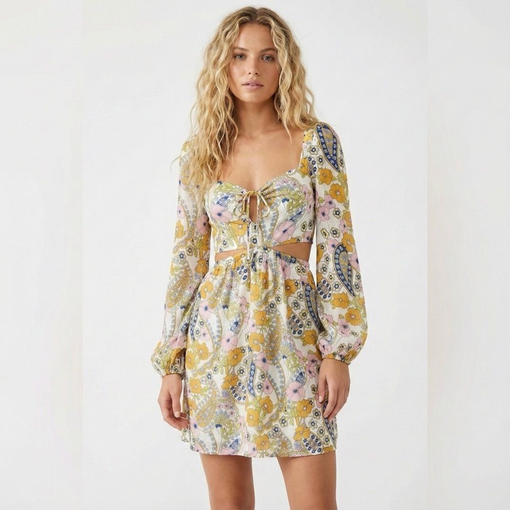 NWT WAYF Hart Vintage Paisley Cut Out Babydoll Mini Dress Large Retro Boho